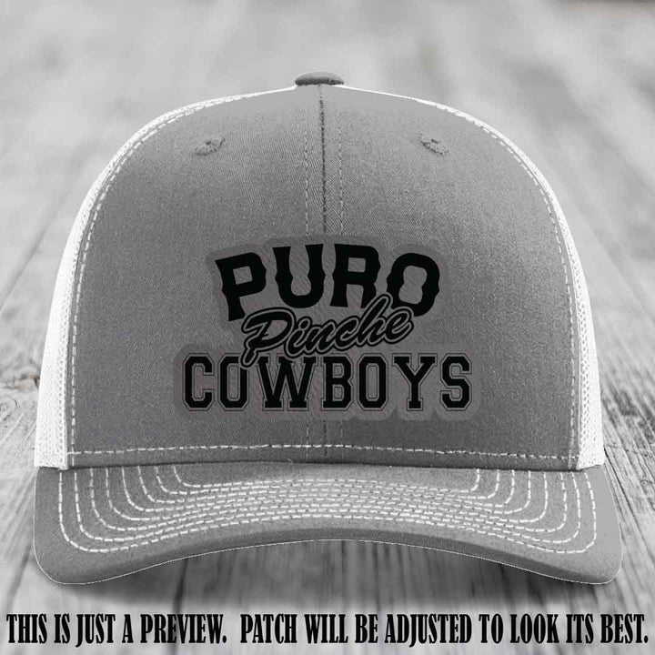Puro Pinche Cowboys Grey to Black Patch on Heather Grey to White Hat Richardson 112 leather patch hat