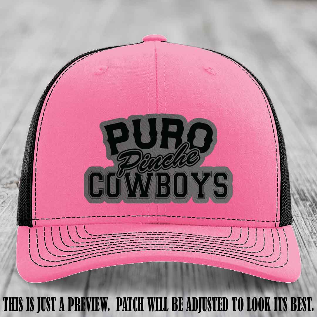 Puro Pinche Cowboys Grey to Black Patch on Hot Pink to Black Hat Richardson 112 leather patch hat