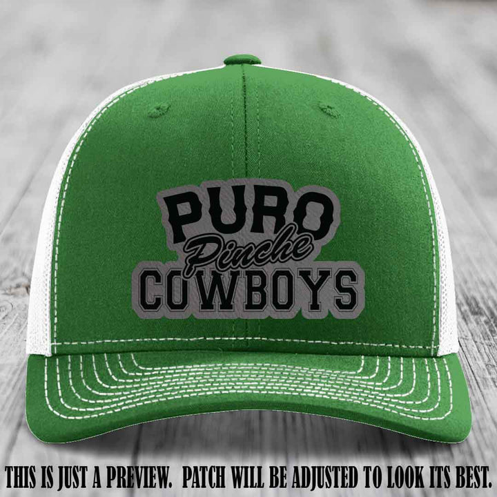 Puro Pinche Cowboys Grey to Black Patch on Kelly to White Hat Richardson 112 leather patch hat