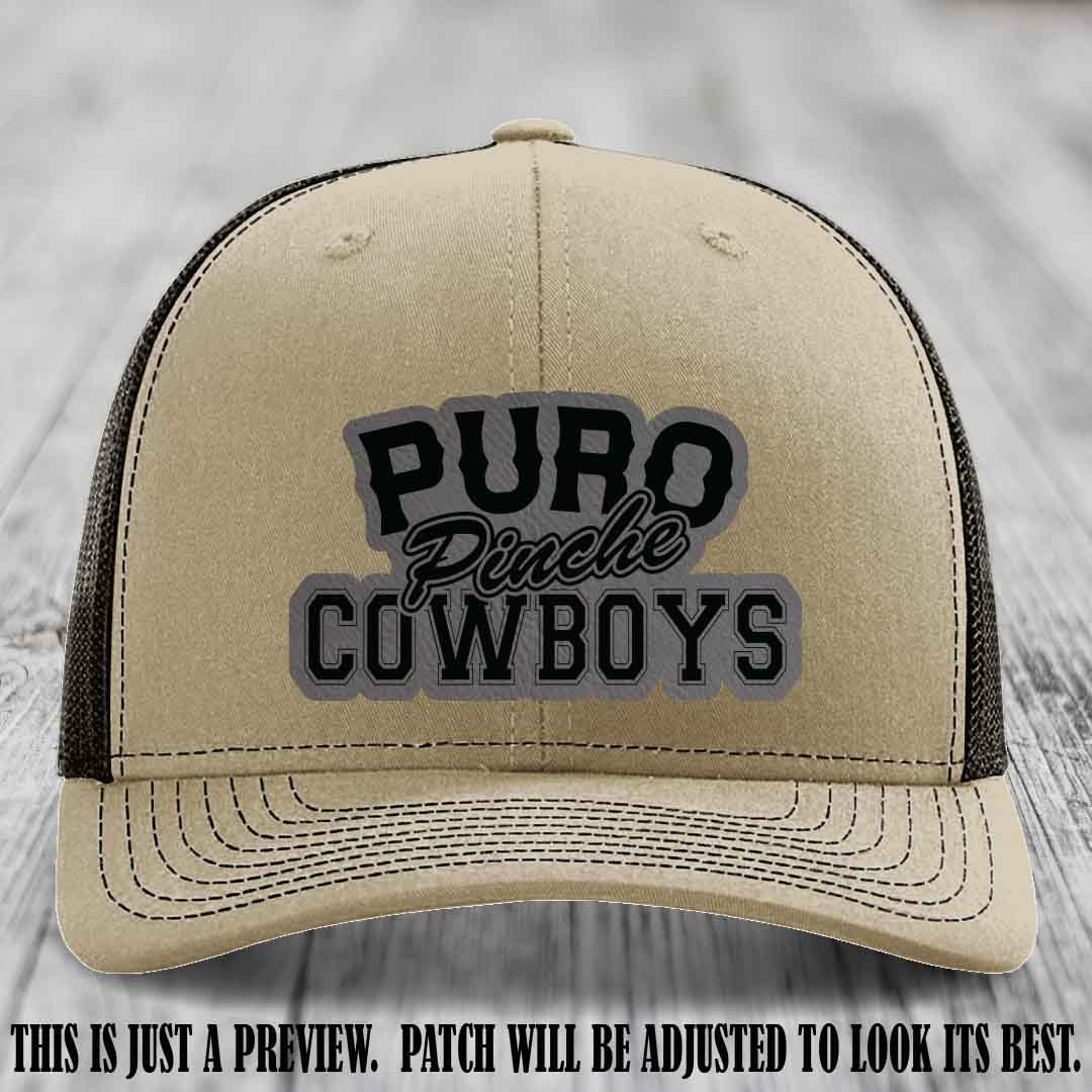 Puro Pinche Cowboys Grey to Black Patch on Khaki to Coffee Hat Richardson 112 leather patch hat
