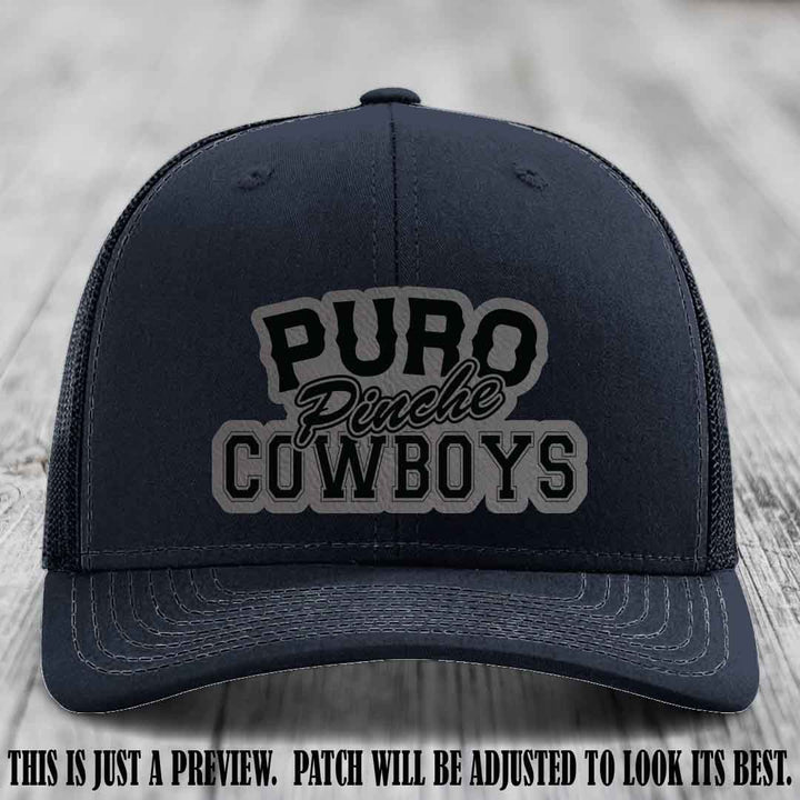 Puro Pinche Cowboys Grey to Black Patch on Navy Hat Richardson 112 leather patch hat