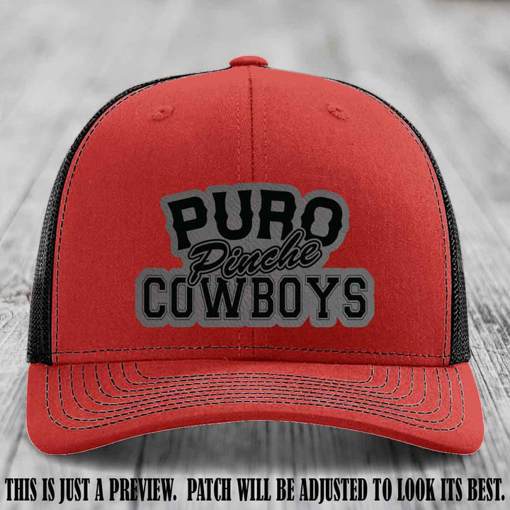Puro Pinche Cowboys Grey to Black Patch on Red to Black Hat Richardson 112 leather patch hat