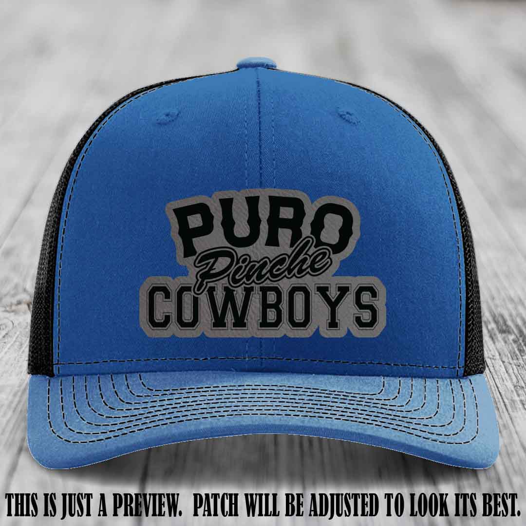 Puro Pinche Cowboys Grey to Black Patch on Royal to Black Hat Richardson 112 leather patch hat