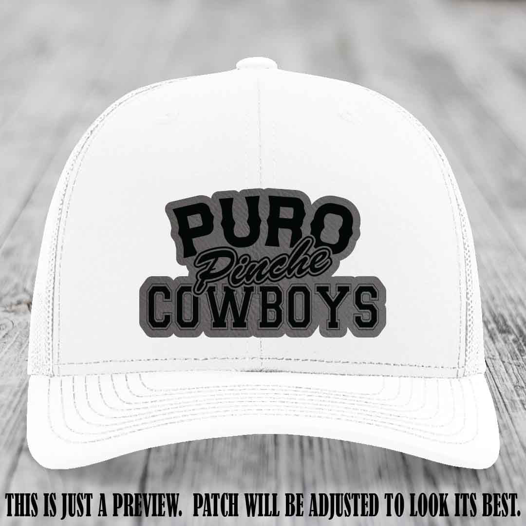Puro Pinche Cowboys Grey to Black Patch on White Hat Richardson 112 leather patch hat