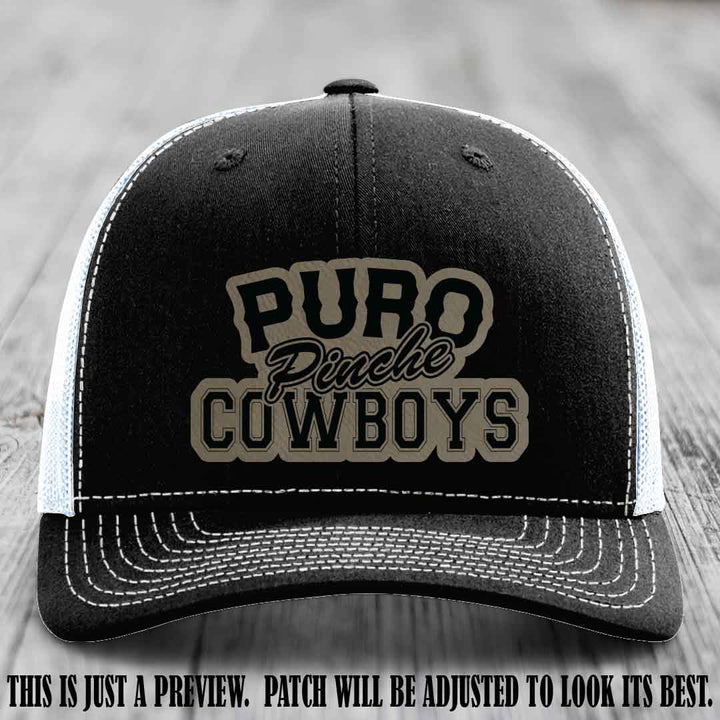 Puro Pinche Cowboys Light Brown to Black Patch on Black to White Hat Richardson 112 leather patch hat