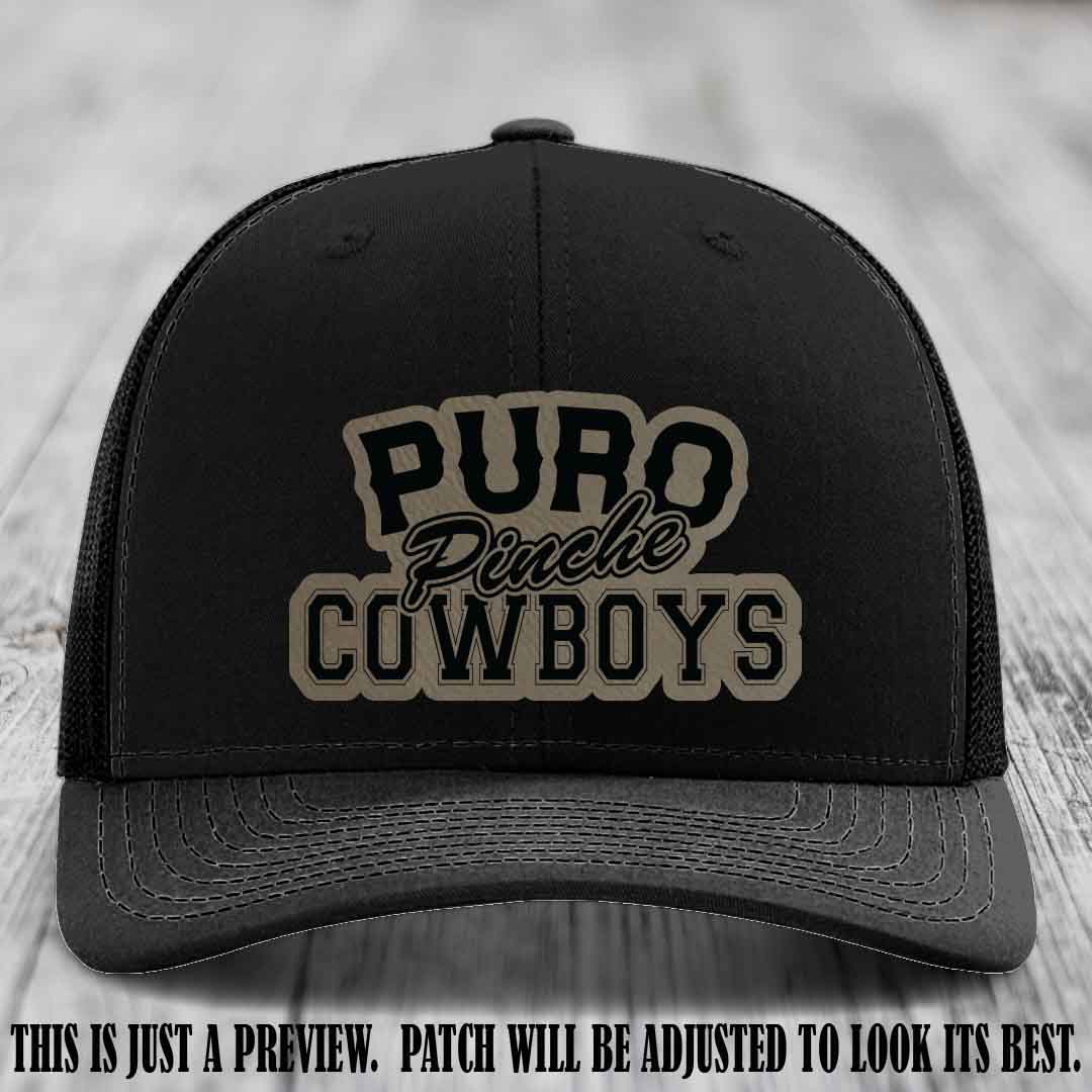 Puro Pinche Cowboys Light Brown to Black Patch on Black Hat Richardson 112 leather patch hat