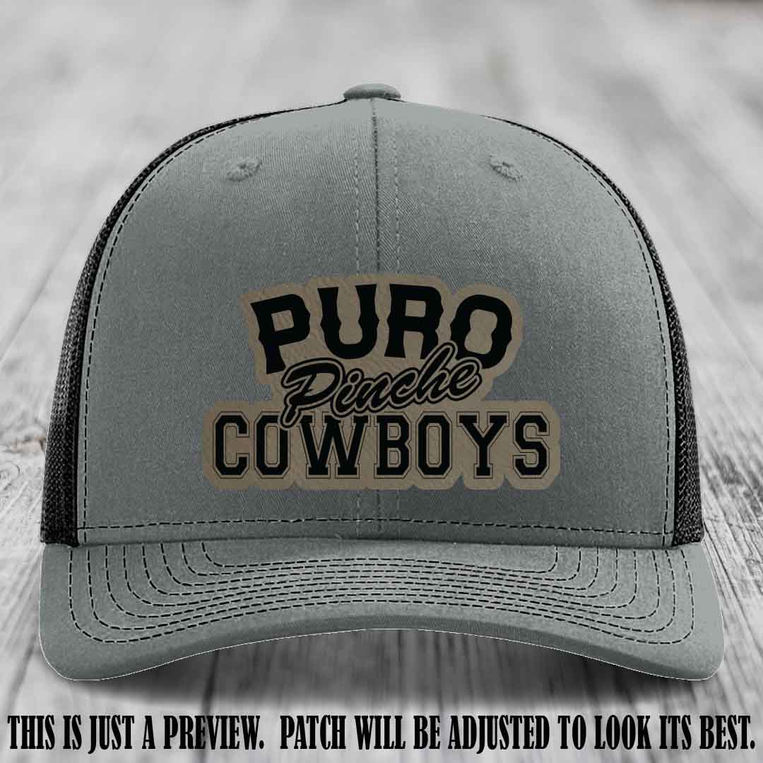 Puro Pinche Cowboys Light Brown to Black Patch on Heather Grey to Black Hat Richardson 112 leather patch hat