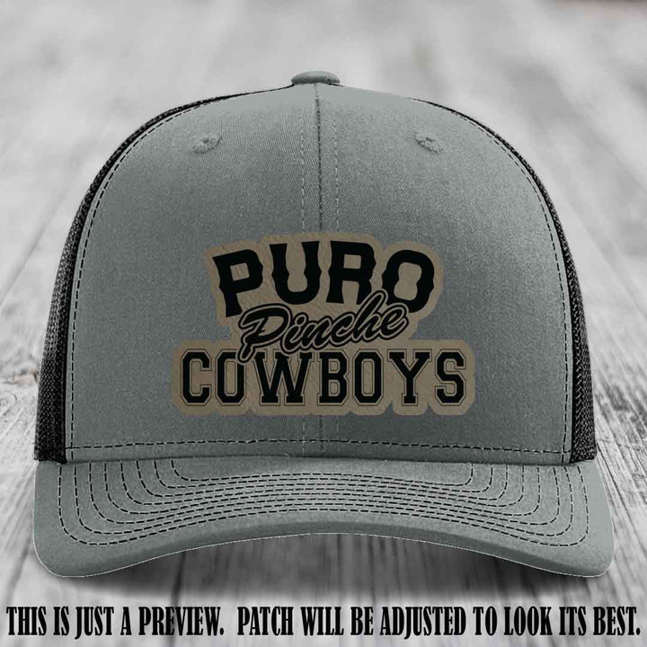 Puro Pinche Cowboys Light Brown to Black Patch on Heather Grey to Black Hat Richardson 112 leather patch hat