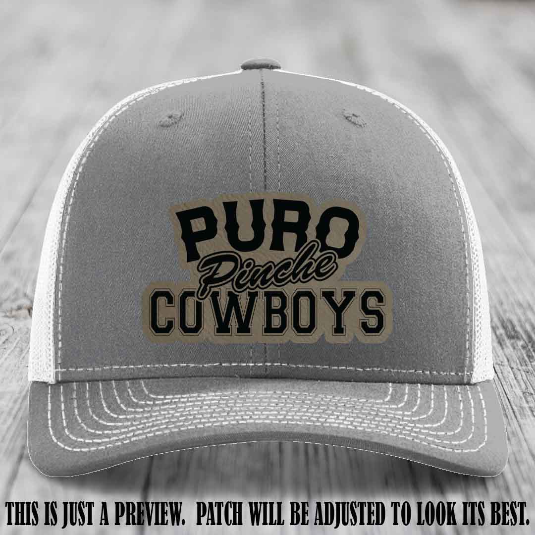 Puro Pinche Cowboys Light Brown to Black Patch on Heather Grey to White Hat Richardson 112 leather patch hat