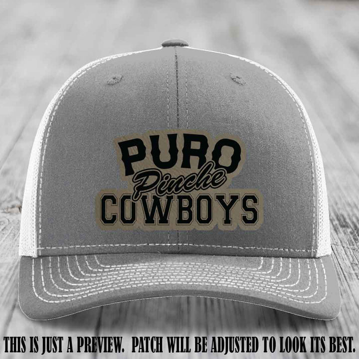 Puro Pinche Cowboys Light Brown to Black Patch on Heather Grey to White Hat Richardson 112 leather patch hat