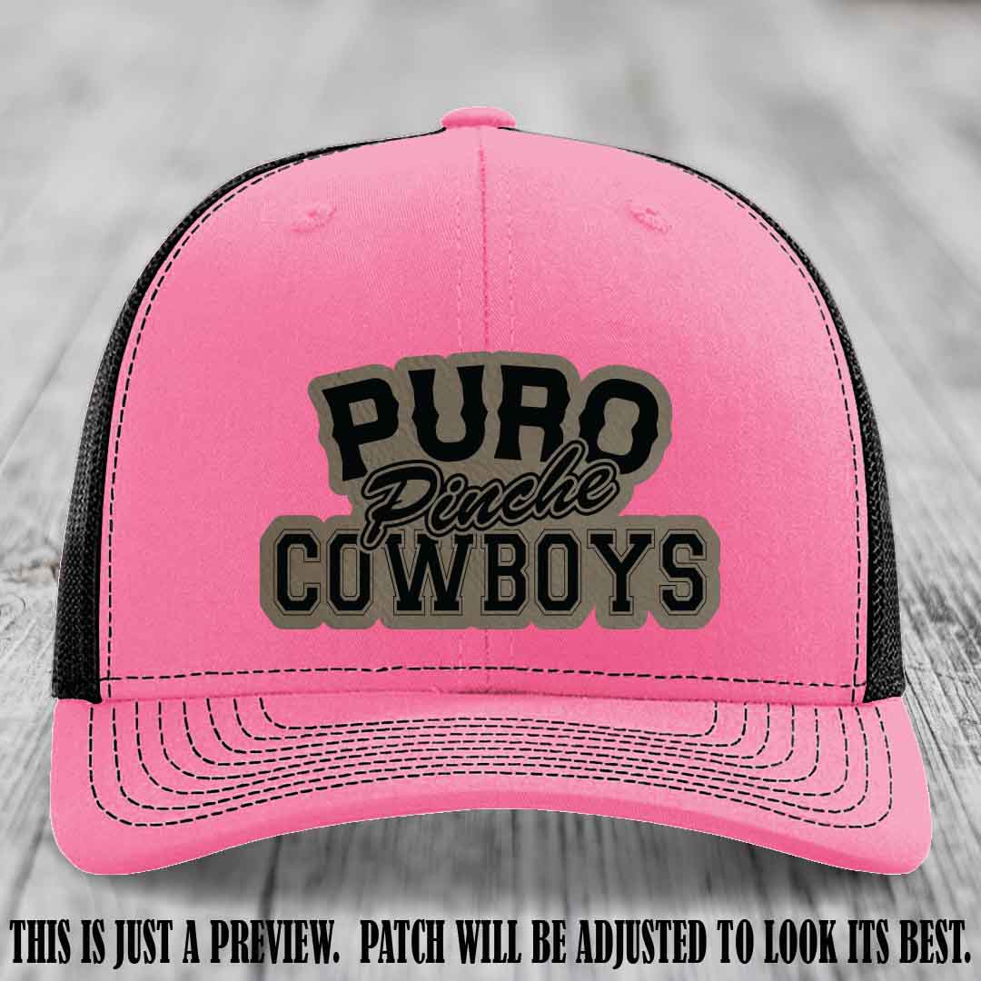 Puro Pinche Cowboys Light Brown to Black Patch on Hot Pink to Black Hat Richardson 112 leather patch hat