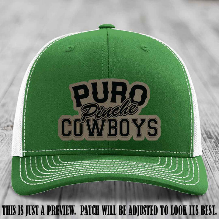 Puro Pinche Cowboys Light Brown to Black Patch on Kelly to White Hat Richardson 112 leather patch hat