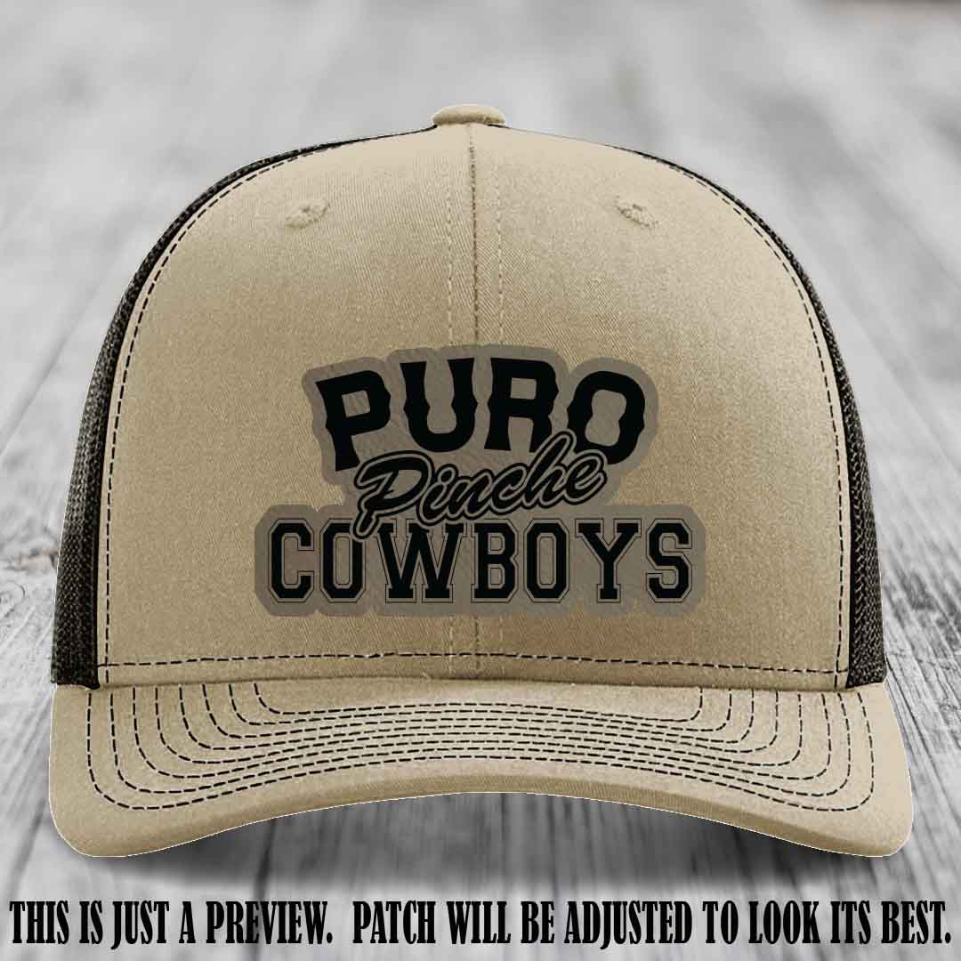 Puro Pinche Cowboys Light Brown to Black Patch on Khaki to Coffee Hat Richardson 112 leather patch hat