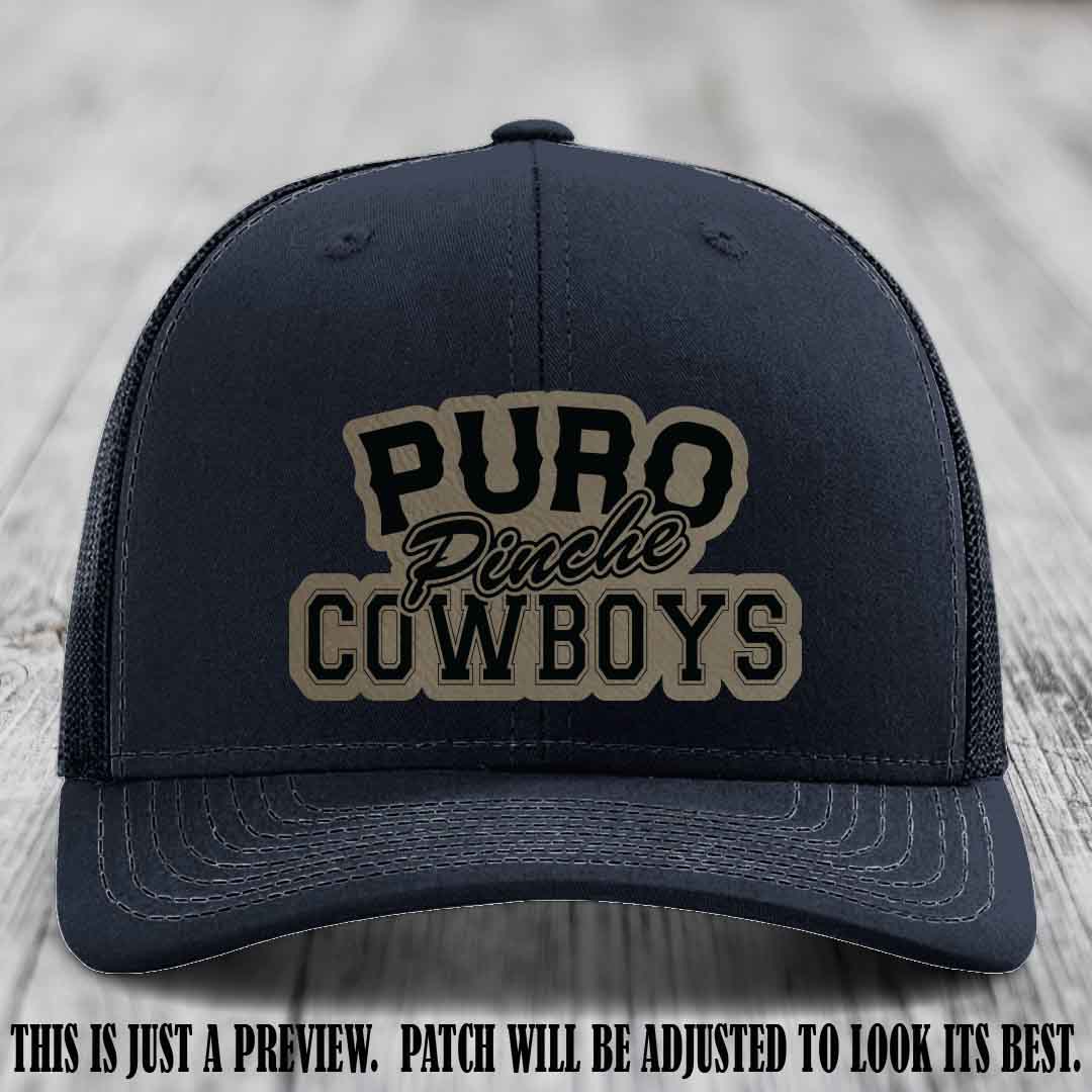Puro Pinche Cowboys Light Brown to Black Patch on Navy Hat Richardson 112 leather patch hat