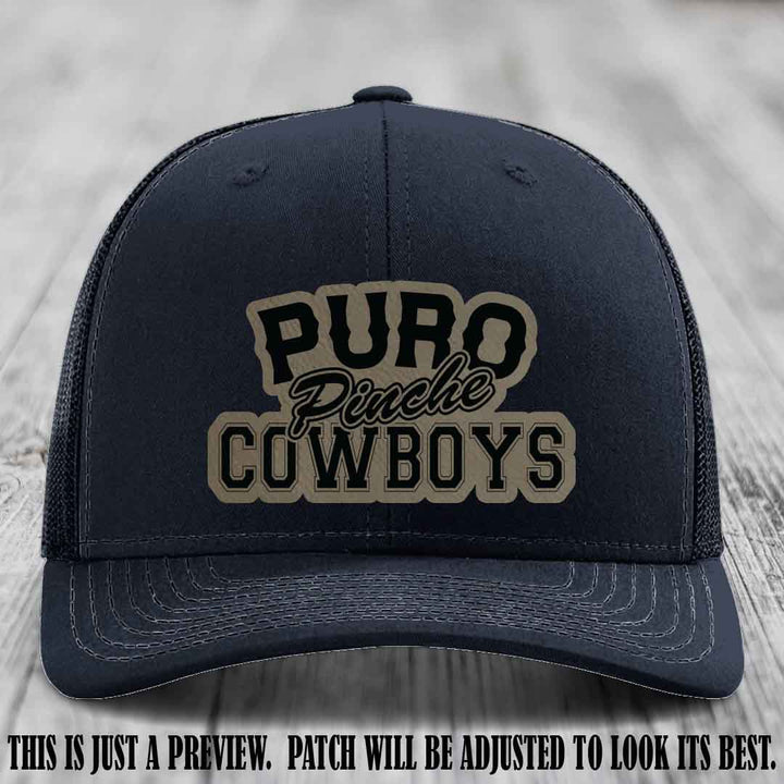Puro Pinche Cowboys Light Brown to Black Patch on Navy Hat Richardson 112 leather patch hat
