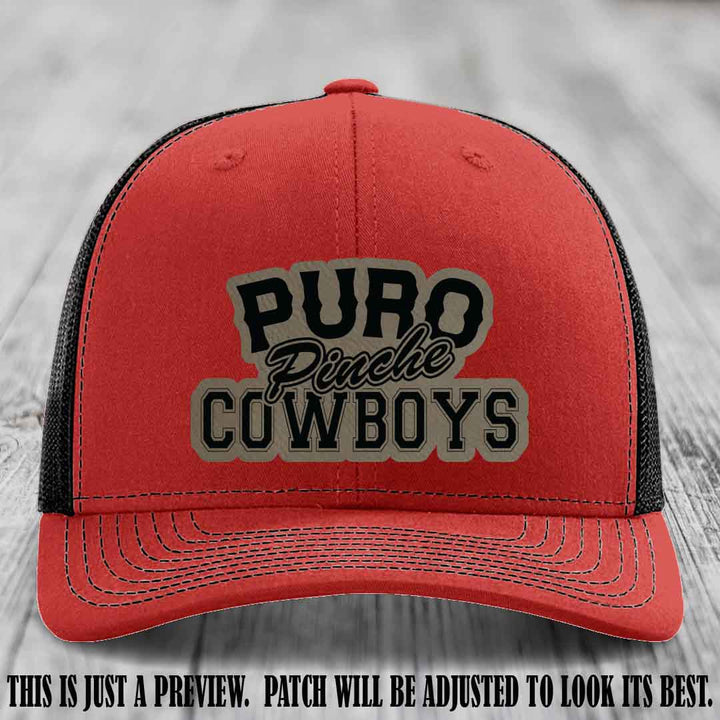 Puro Pinche Cowboys Light Brown to Black Patch on Red to Black Hat Richardson 112 leather patch hat