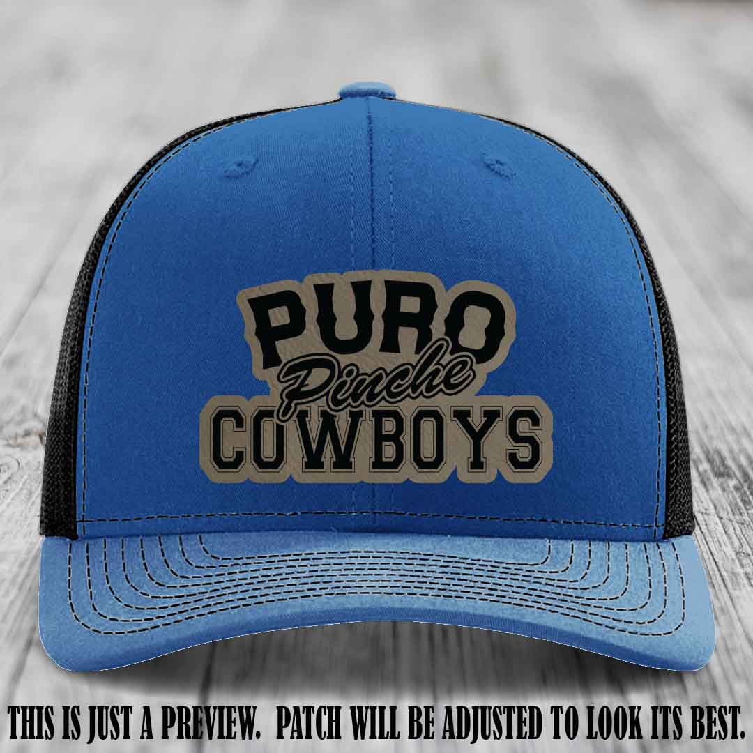 Puro Pinche Cowboys Light Brown to Black Patch on Royal to Black Hat Richardson 112 leather patch hat