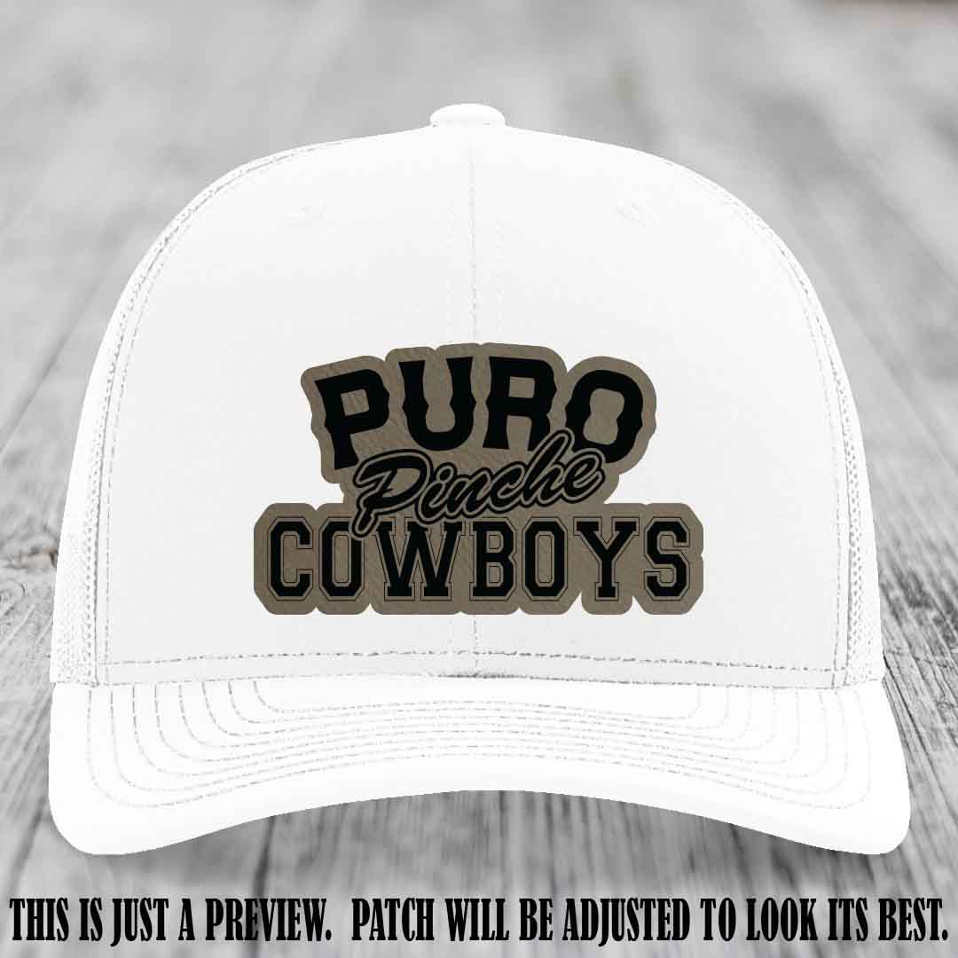 Puro Pinche Cowboys Light Brown to Black Patch on White Hat Richardson 112 leather patch hat