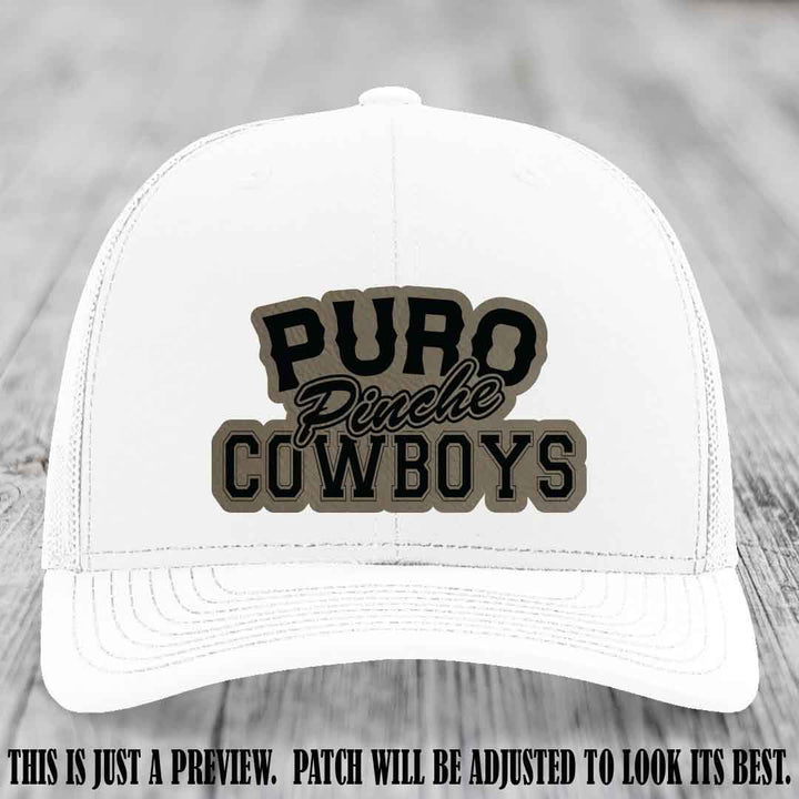 Puro Pinche Cowboys Light Brown to Black Patch on White Hat Richardson 112 leather patch hat