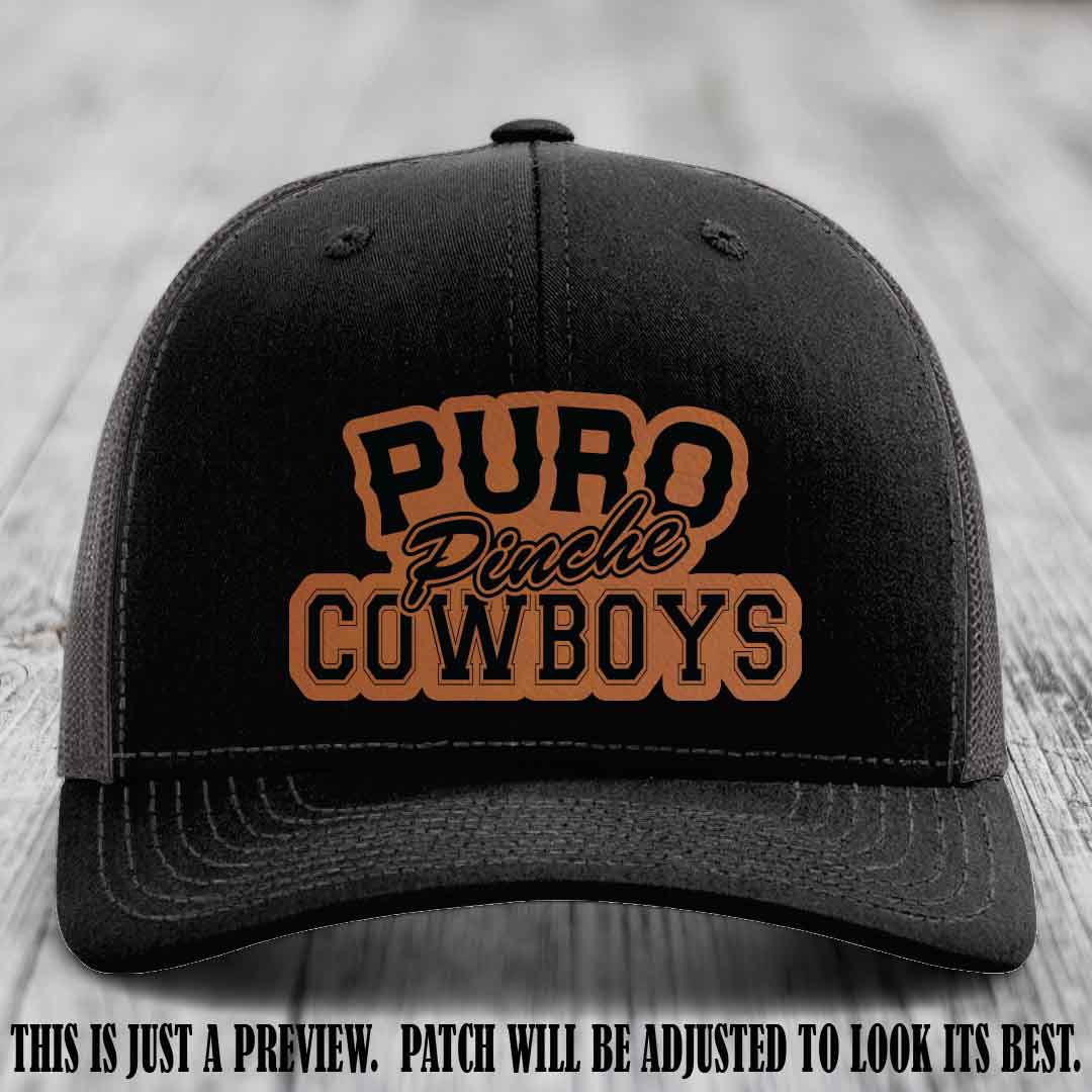 Puro Pinche Cowboys Rawhide to Black Patch on Black to Charcoal Hat Richardson 112 leather patch hat