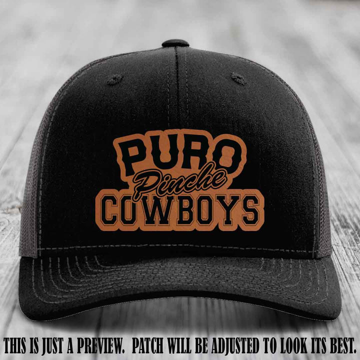 Puro Pinche Cowboys Rawhide to Black Patch on Black to Charcoal Hat Richardson 112 leather patch hat