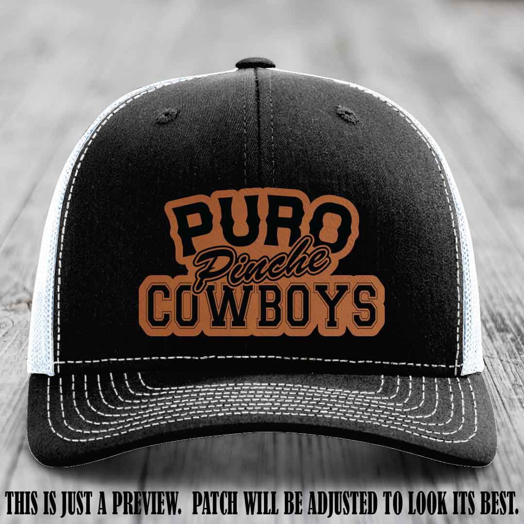 Puro Pinche Cowboys Rawhide to Black Patch on Black to White Hat Richardson 112 leather patch hat