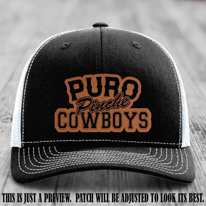 Puro Pinche Cowboys Rawhide to Black Patch on Black to White Hat Richardson 112 leather patch hat