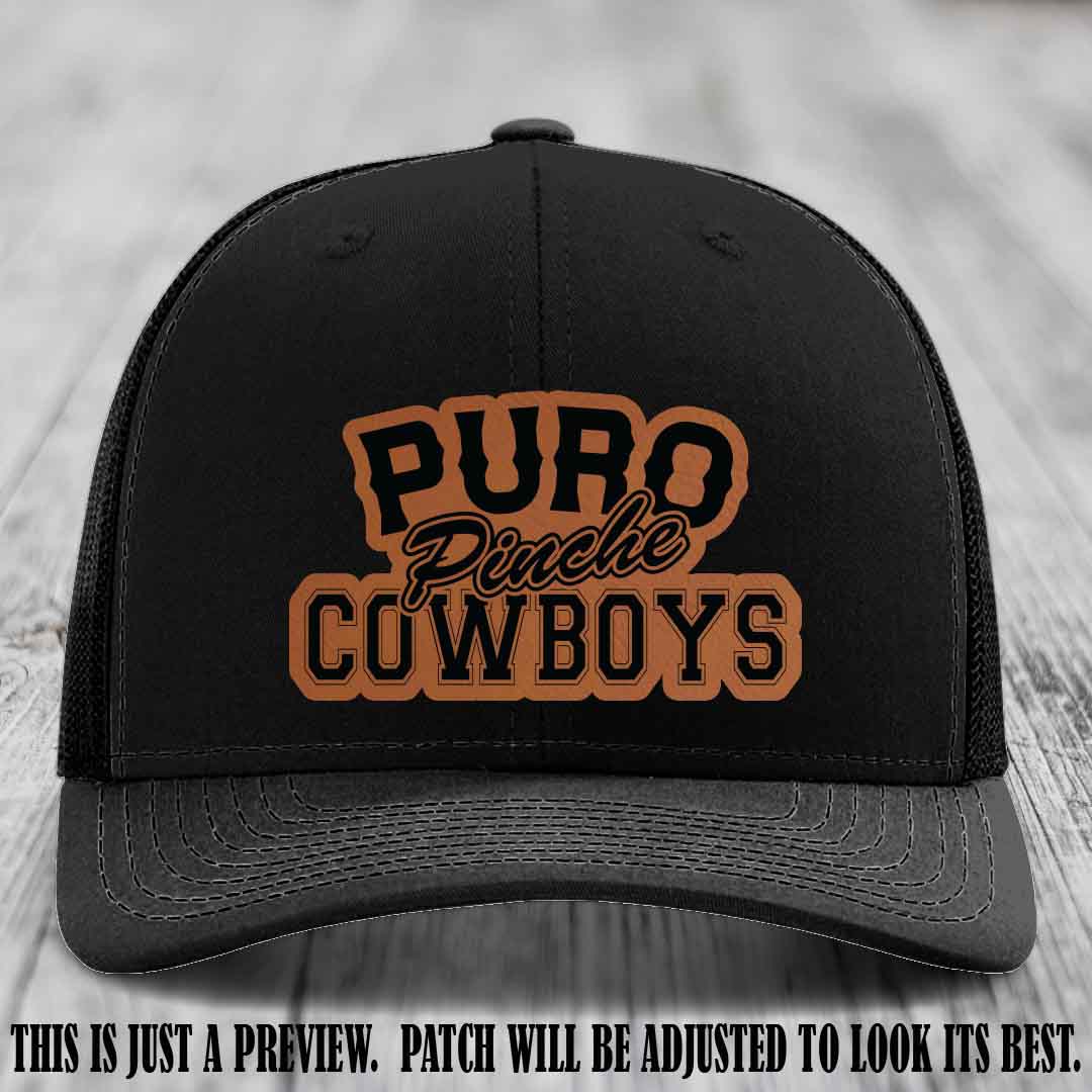 Puro Pinche Cowboys Rawhide to Black Patch on Black Hat Richardson 112 leather patch hat