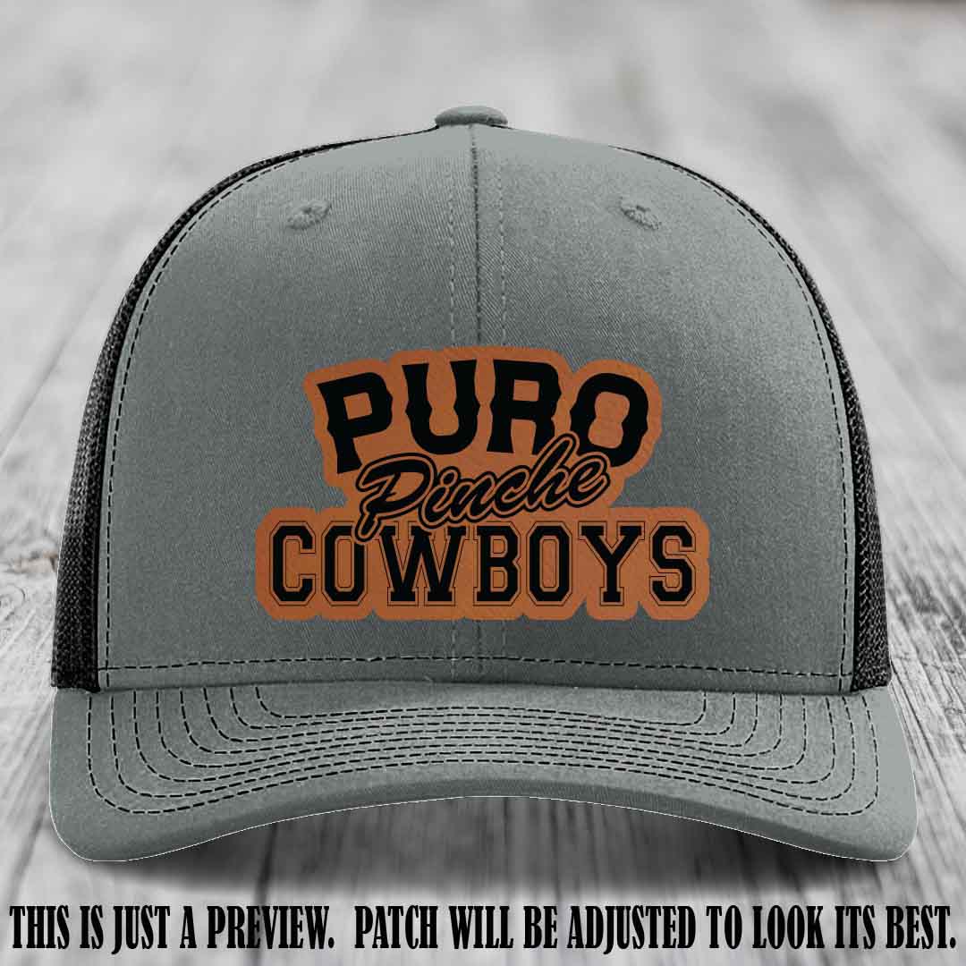 Puro Pinche Cowboys Rawhide to Black Patch on Heather Grey to Black Hat Richardson 112 leather patch hat