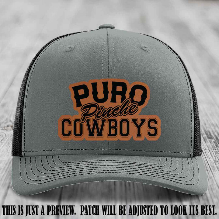 Puro Pinche Cowboys Rawhide to Black Patch on Heather Grey to Black Hat Richardson 112 leather patch hat