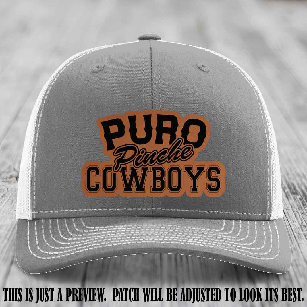 Puro Pinche Cowboys Rawhide to Black Patch on Heather Grey to White Hat Richardson 112 leather patch hat