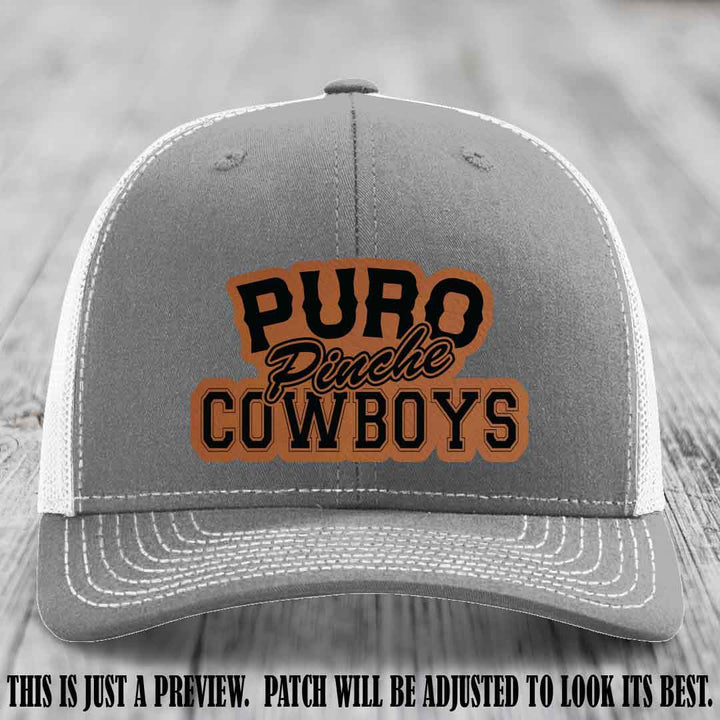 Puro Pinche Cowboys Rawhide to Black Patch on Heather Grey to White Hat Richardson 112 leather patch hat