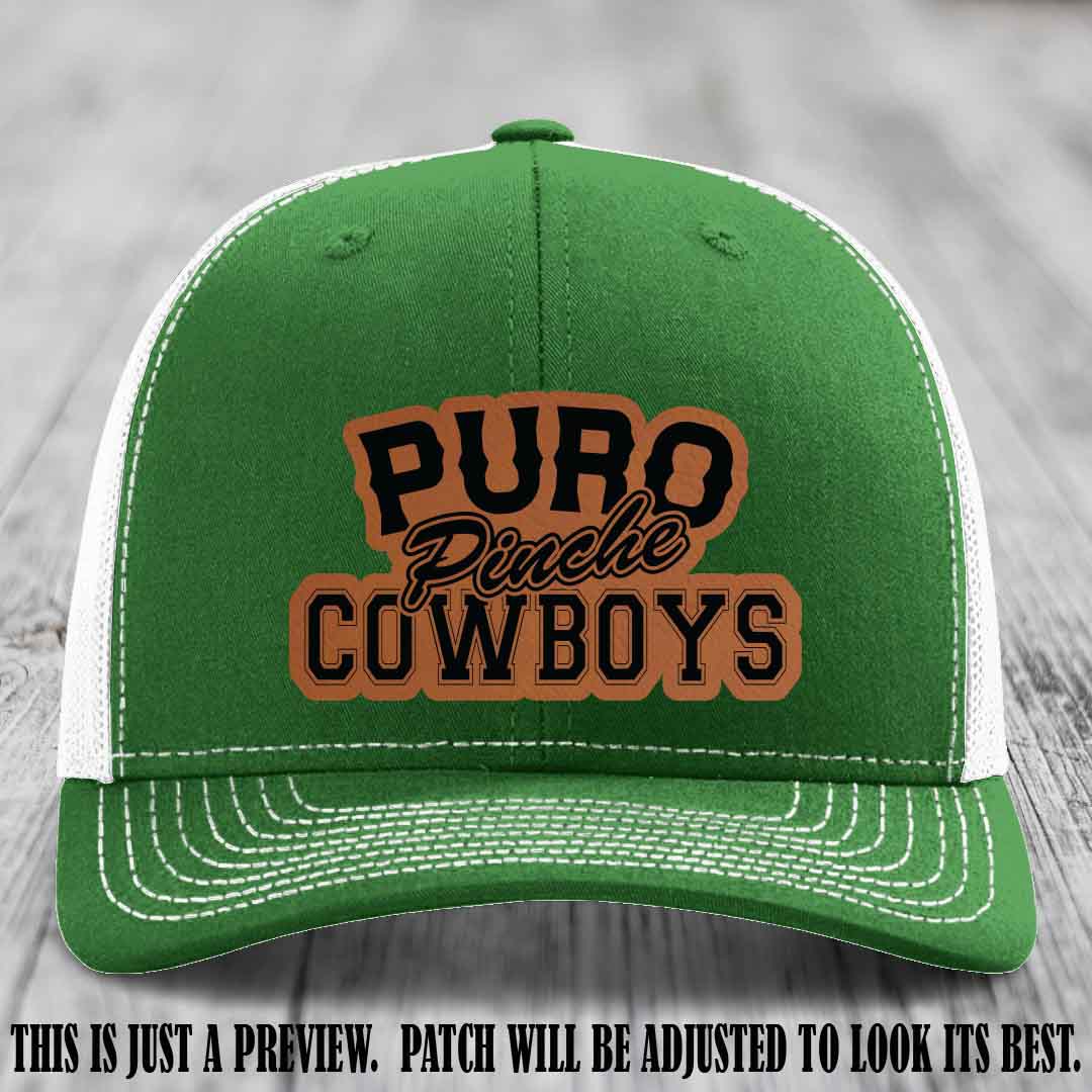Puro Pinche Cowboys Rawhide to Black Patch on Kelly to White Hat Richardson 112 leather patch hat