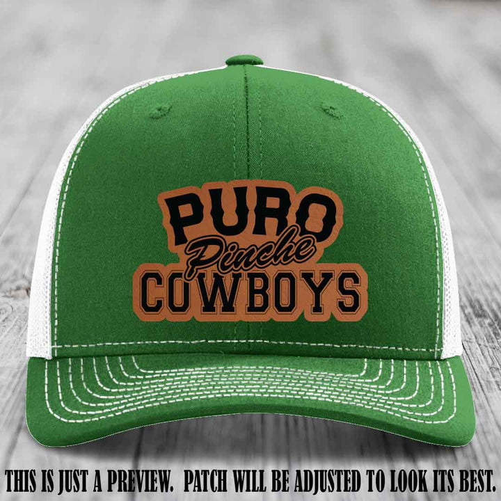 Puro Pinche Cowboys Rawhide to Black Patch on Kelly to White Hat Richardson 112 leather patch hat