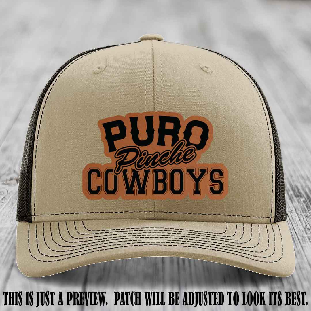 Puro Pinche Cowboys Rawhide to Black Patch on Khaki to Coffee Hat Richardson 112 leather patch hat