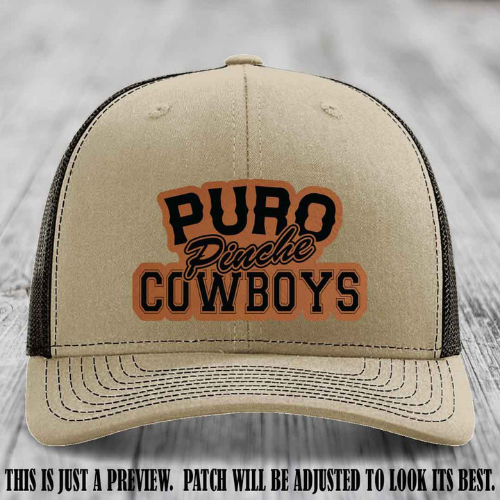 Puro Pinche Cowboys Rawhide to Black Patch on Khaki to Coffee Hat Richardson 112 leather patch hat