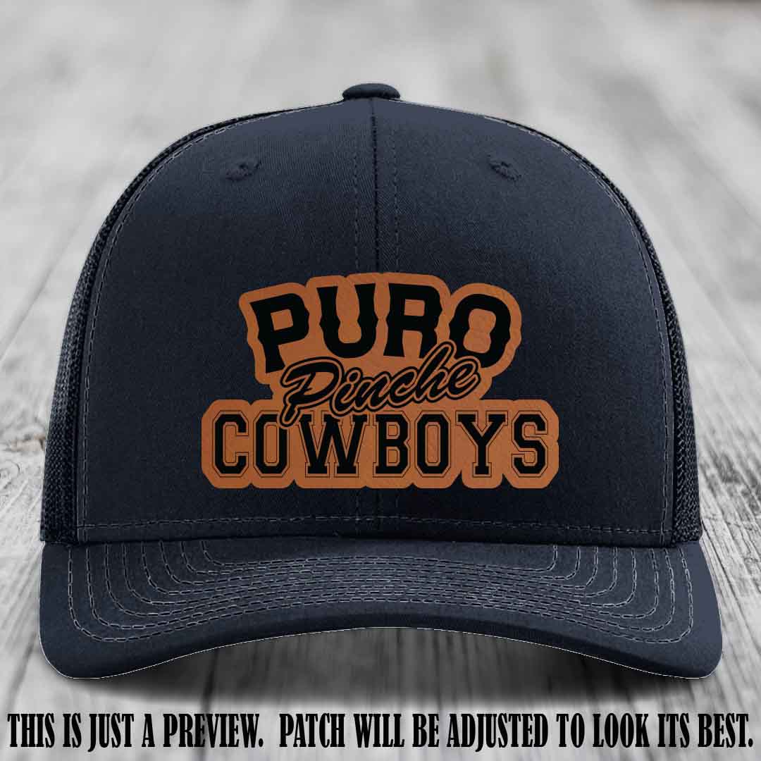 Puro Pinche Cowboys Rawhide to Black Patch on Navy Hat Richardson 112 leather patch hat