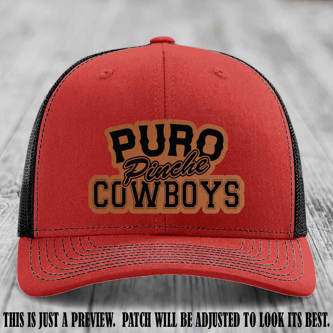 Puro Pinche Cowboys Rawhide to Black Patch on Red to Black Hat Richardson 112 leather patch hat