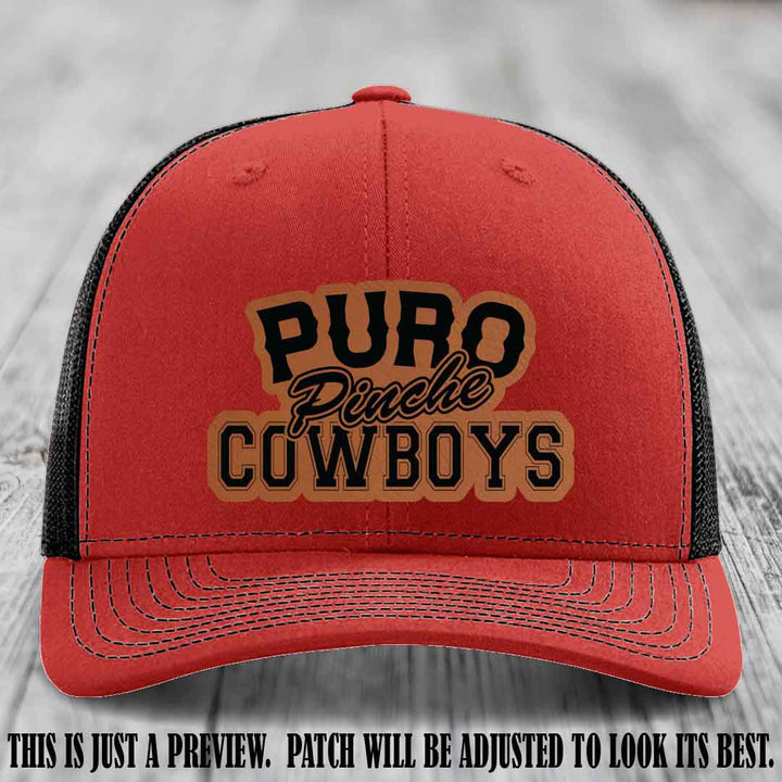 Puro Pinche Cowboys Rawhide to Black Patch on Red to Black Hat Richardson 112 leather patch hat