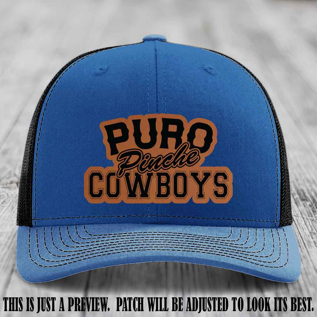 Puro Pinche Cowboys Rawhide to Black Patch on Royal to Black Hat Richardson 112 leather patch hat