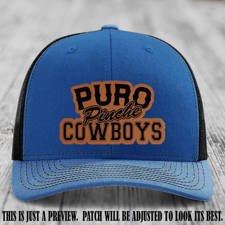 Puro Pinche Cowboys Rawhide to Black Patch on Royal to Black Hat Richardson 112 leather patch hat