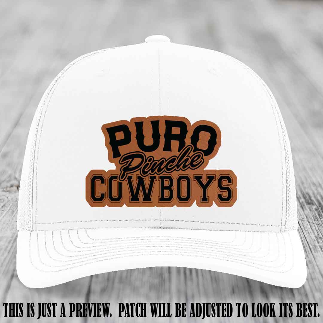 Puro Pinche Cowboys Rawhide to Black Patch on White Hat Richardson 112 leather patch hat