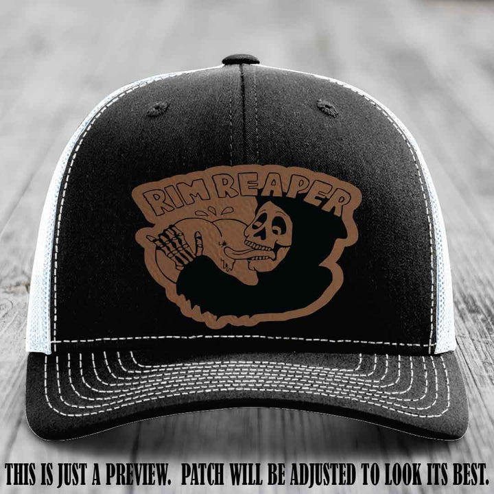 Rim Reaper Dark Brown to Black Patch Leather Patch on Richardson 112 Black to White Hat