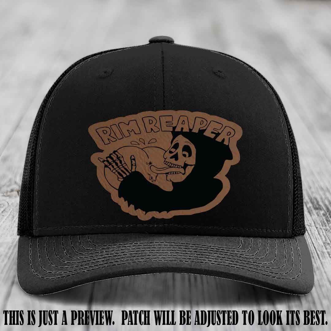 Rim Reaper Dark Brown to Black Patch Leather Patch on Richardson 112 Black Hat