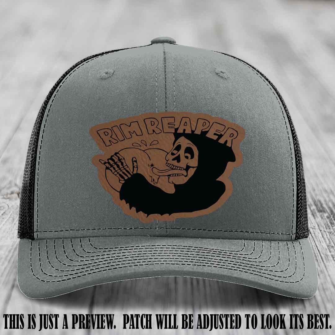 Rim Reaper Dark Brown to Black Patch Leather Patch on Richardson 112 Heather Grey to Black Hat