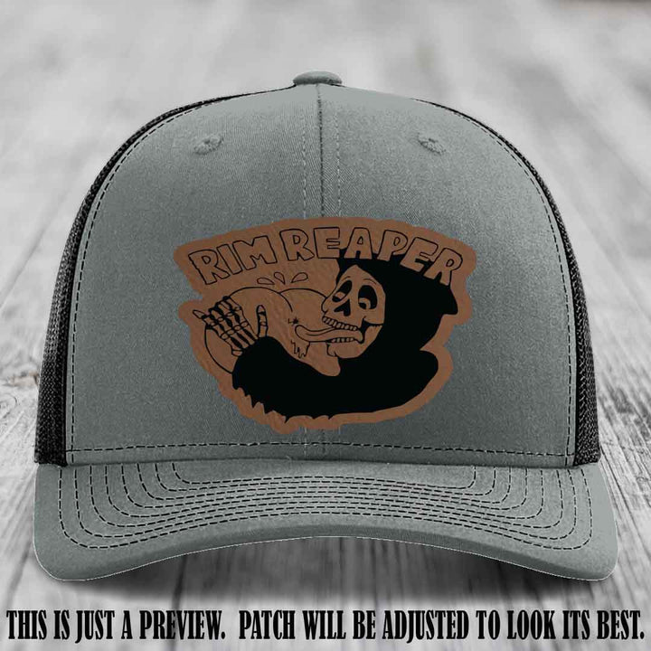 Rim Reaper Dark Brown to Black Patch Leather Patch on Richardson 112 Heather Grey to Black Hat