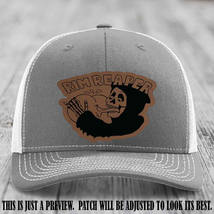 Rim Reaper Dark Brown to Black Patch Leather Patch on Richardson 112 Heather Grey to White Hat