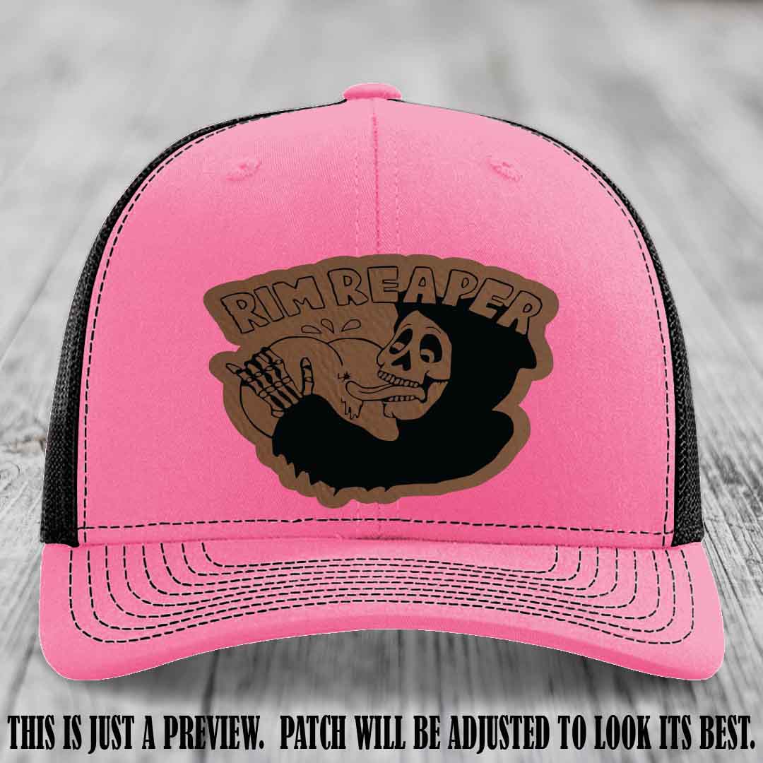 Rim Reaper Dark Brown to Black Patch Leather Patch on Richardson 112 Hot Pink to Black Hat