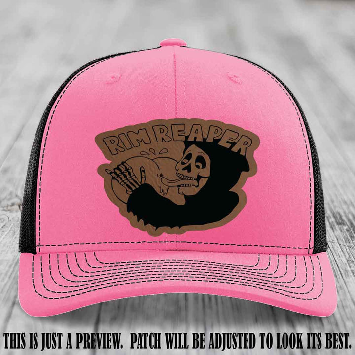 Rim Reaper Dark Brown to Black Patch Leather Patch on Richardson 112 Hot Pink to Black Hat