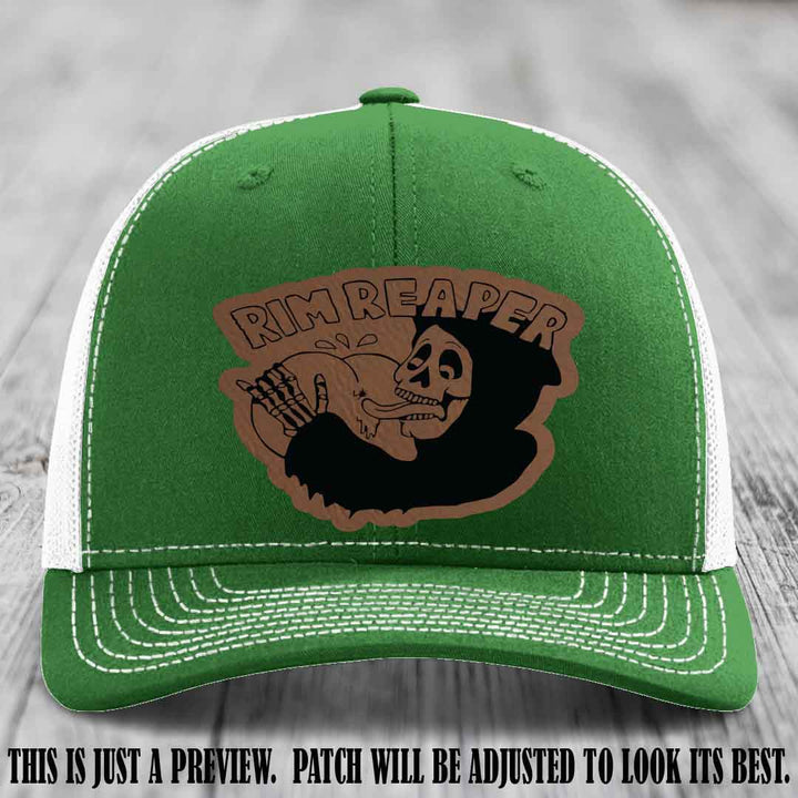 Rim Reaper Dark Brown to Black Patch Leather Patch on Richardson 112 Kelly to White Hat